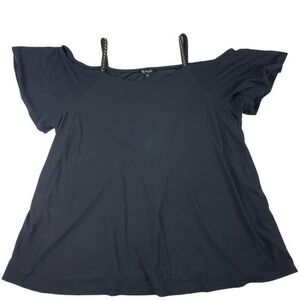 Lily Morgan Blouse Top Womens 2X Black Polyester Cold Shoulder Sleeve Crew Neck